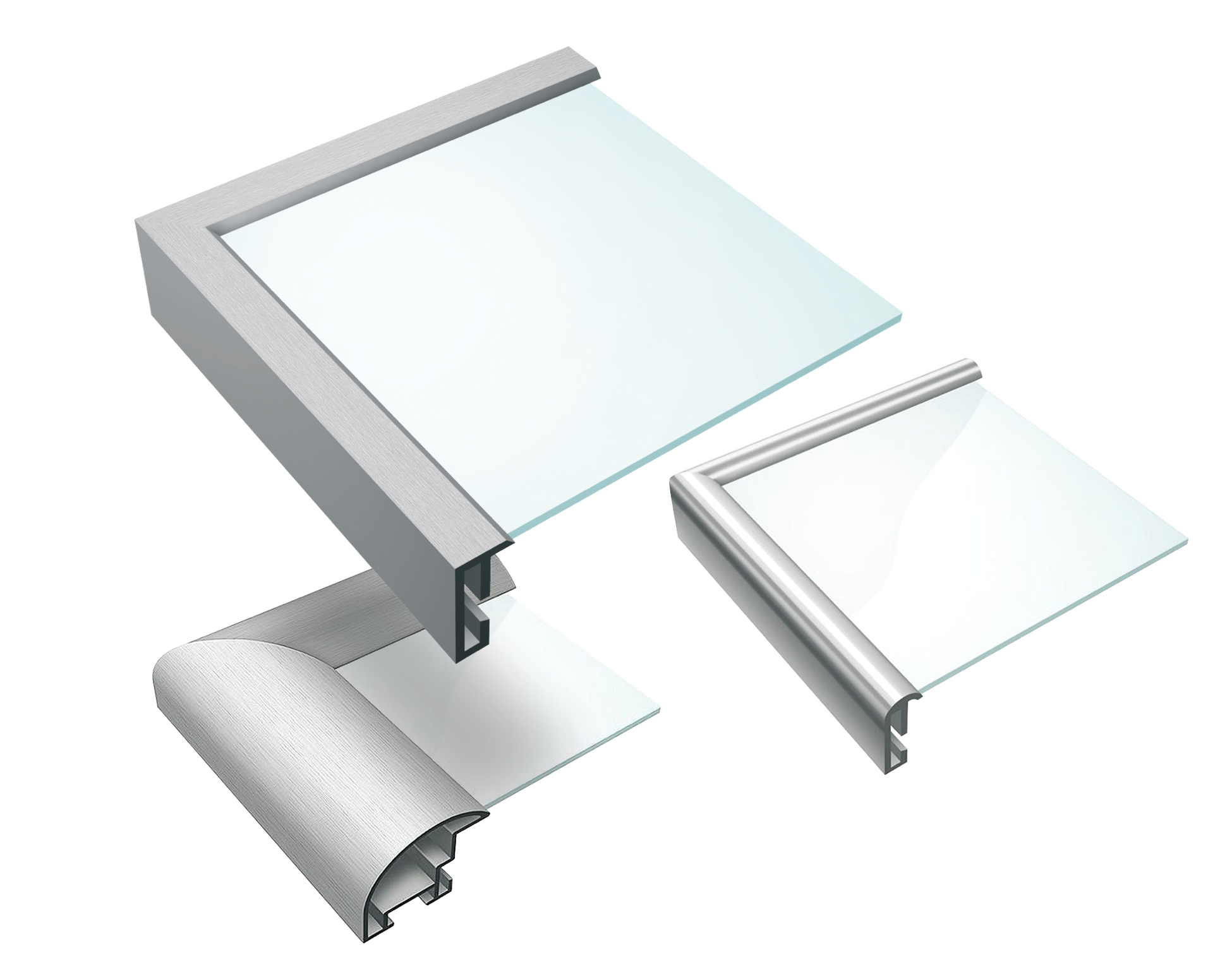 Drei Aluminiumrahmen-Winkel, die in verschiedenen Ebenen angeordnet sind.